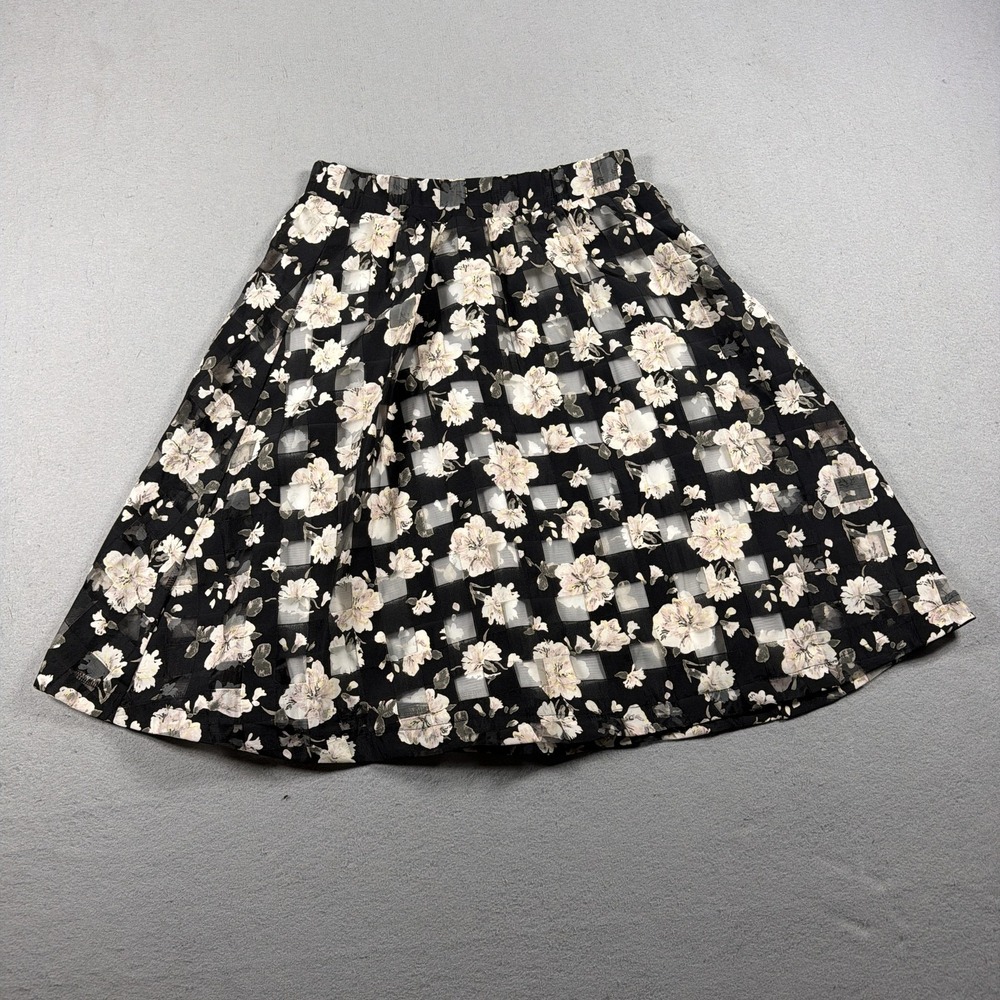 Le Lis Skirt Womens Medium Black Floral Chiffon A-Line Pleated Elastic Waist